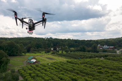 drone flying over orchard